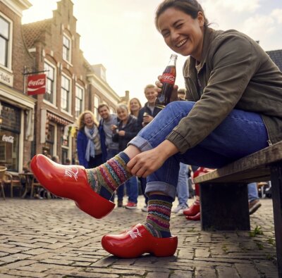 Een vrouw op een bankje in een Hollands straatje trekt rode houten klompen met Coca-Cola-logo aan, met een flesje Coca-Cola in de hand.