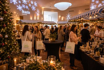 Sfeervol verlichte winterfair in het Ikazia Ziekenhuis: medewerkers met katoenen tasjes tussen marktkramen met blauw-wit gestreepte luifels, kerstbomen en kaarslicht, met het Ikazia-logo op de wand geprojecteerd.