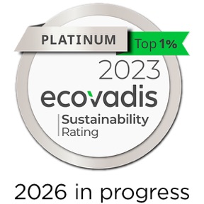 EcoVadis Platinum Sustainability Rating, top 1%, 2023, met daaronder de regel "2026 in progress".
