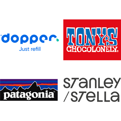 De logo's van Dopper, Tony's Chocolonely, Patagonia en Stanley/Stella.