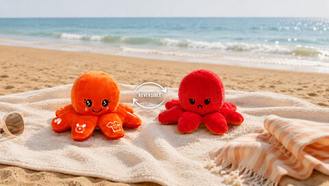 Twee octopusknuffels op een handdoek op het strand, met de zee erachter: links de vrolijke oranje kant met witte zonveiligheidspictogrammen op de tentakels, rechts dezelfde knuffel binnenstebuiten gekeerd tot een boze rode octopus, met daartussen twee pijlen en het woord 'reversible'.