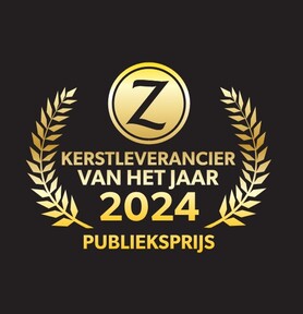 Gouden lauwerkrans op zwarte achtergrond met de tekst 'Kerstleverancier van het jaar 2024 — publieksprijs'.