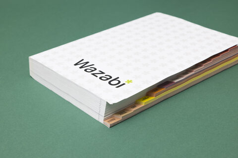 Het collectieboek van Wazabi op een groene ondergrond, met gekleurde stalen tussen de bladen.